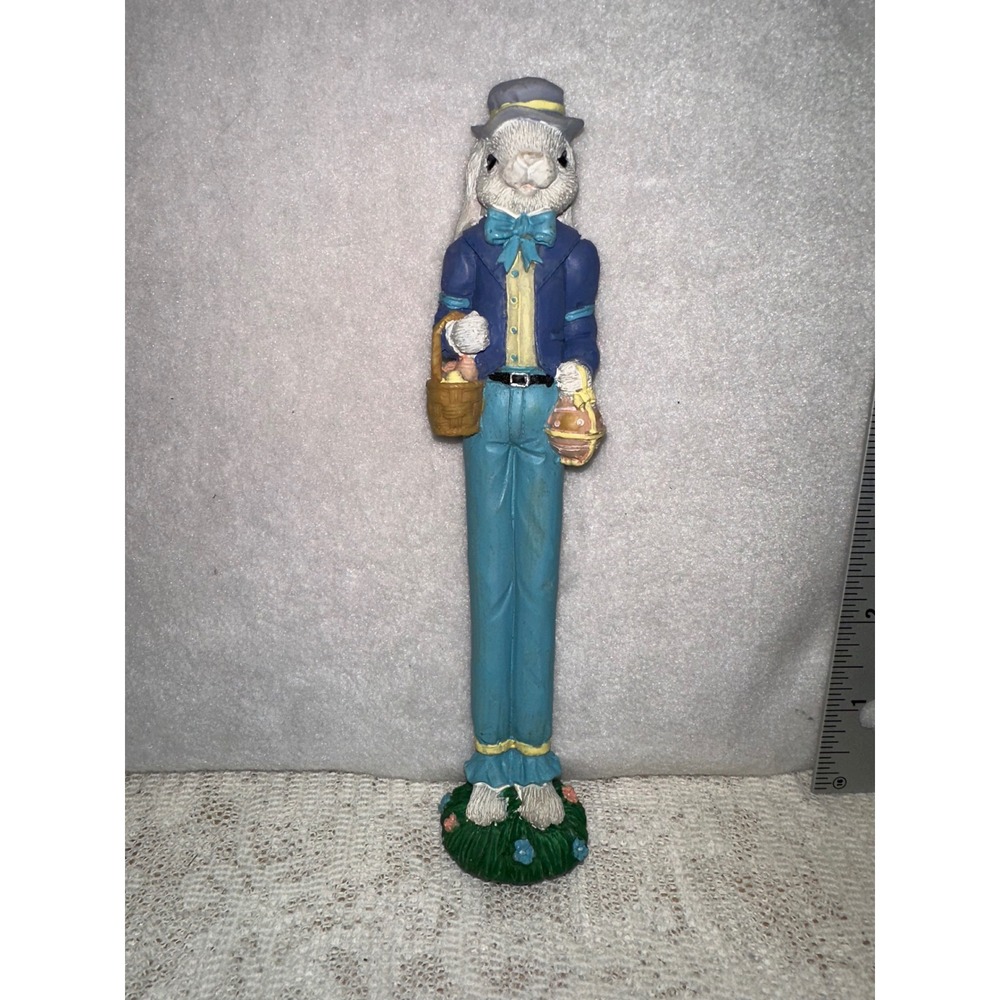 Easter Bunny Figurine Dressed in Blue Suit Holding Baskets Figurine